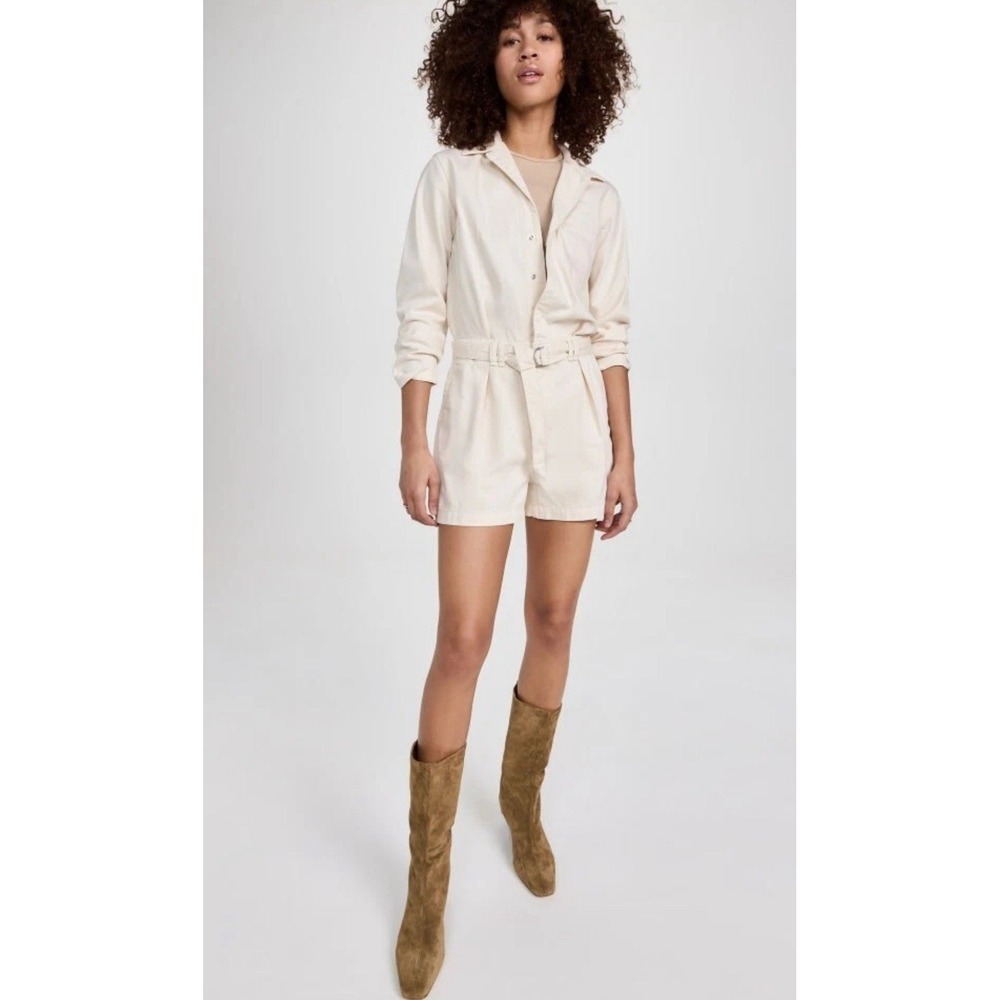 Rag & Bone Pleated Denim Long-Sleeve Belted Snap Up Romper In Ecru Sz-M Rt-350$